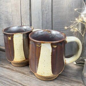 Vintage Hand Made Pottery Coffee Mug Cup Brown Drip Glaze Hand Crafted Set2 Mugs